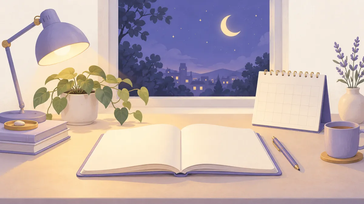 An open notebook and blank calendar beneath a crescent moon at the Mutal Unnie editorial desk